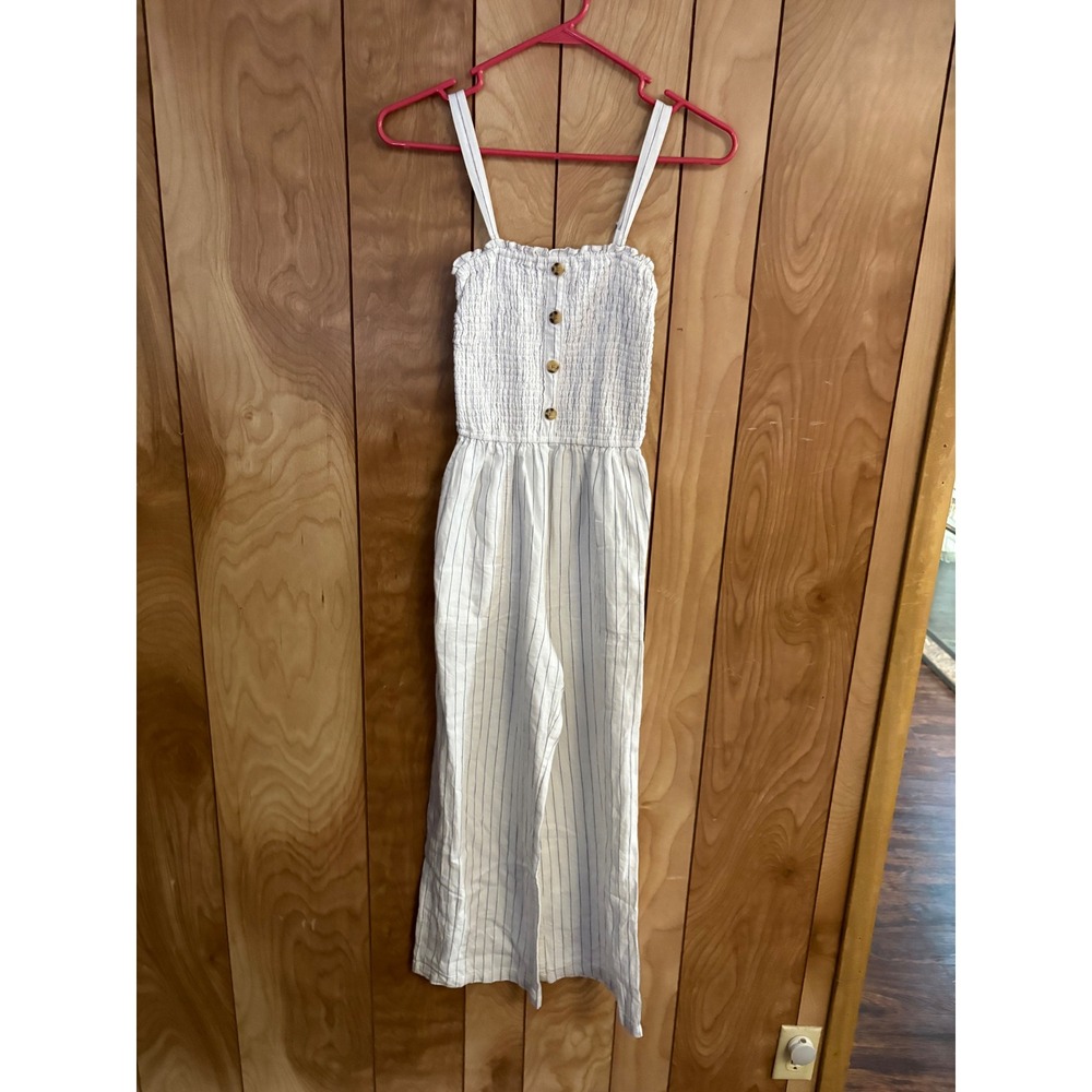 Abercrombie & Fitch Women XS White Pinstripe Smocked Wide Leg Jumpsuit Pocket